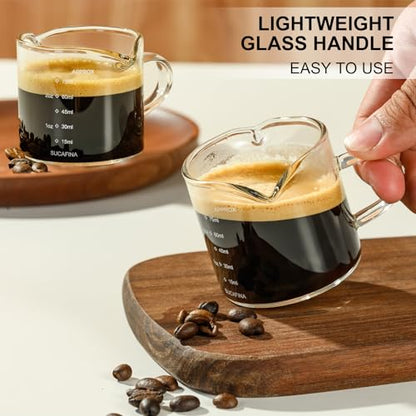 PARACITY Espresso Cup with Handle set of 2, Double Spout Glass Measuring Cup with Dual Scale, Espresso Shot Glass with V-Shaped Mouth, Clear Glass Milk Frothing Pitcher, Espresso Accessories | Dual ounce and milliliter scales, V-shaped mouths and glass ha
