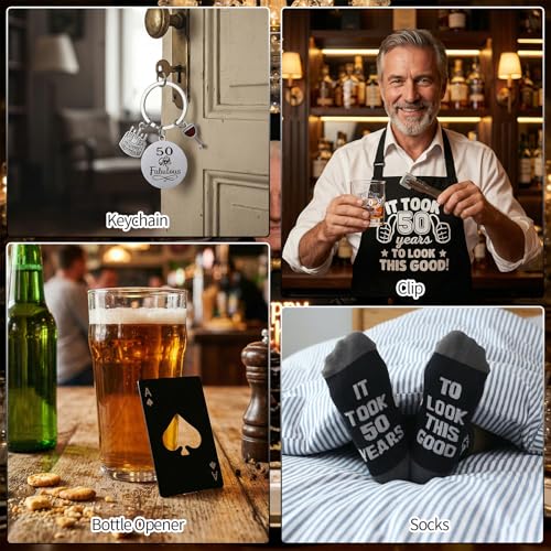 50th Birthday Gifts for Men 50th Birthday Party Supplies | Include 11 Oz Glass Stone Ice Tong Bottle Opener Cap Apron Socks Keychain Greeting Card for Him, Dad, Husband, Friends - style: 50th