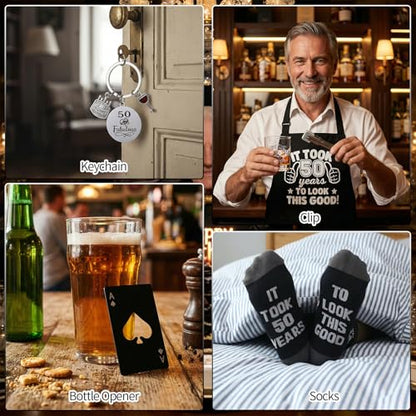 50th Birthday Gifts for Men 50th Birthday Party Supplies | Include 11 Oz Glass Stone Ice Tong Bottle Opener Cap Apron Socks Keychain Greeting Card for Him, Dad, Husband, Friends - style: 50th