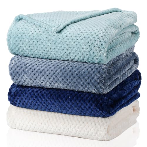 Newwiee 4 Pcs Fleece Throw Blanket, 3D Waffle Textured,Gradient Blue | Soft Lightweight Set for Couch Bed Sofa, Warm Winter Throws, No Shedding Pilling, Flannel Waffle Texture, 50x60 Inch - color: Gradient Blue