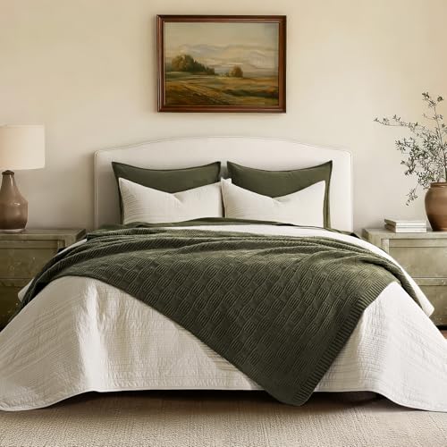 EVERGRACEHOME Modern Checkered Chenille Throw Blanket, 50x60, Olive Green | Lightweight Warmth, All-Season Breathability, OEKO-TEX certified, Timeless Grid Pattern, Farmhouse Throw for Couch, Bed, Sofa - color: Olive Green, size: 50" X 60"