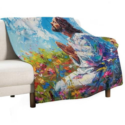Jesus in Wildflower Field 02 Flannel Blankets Fleece Soft Throw Lightweight Plush Gifts for Couch, Bed, Cozy Sofa Plush, Chair, Lovers 50x60in(125x150cm) - color: Style-11, size: 50x60in(125x150cm)