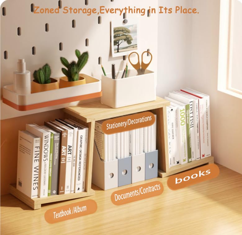 Solid Wood Desktop Bookshelf Organizer for Home Office & Student Desk – Natural Rubberwood Book Holder with Adjustable Shelves & Metal Bookmarks, Minimalist Design (Yellow)”
