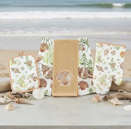 Serafina Home Coastal Kitchen Pot Holder Oven Mitt Dish Towel Set: Sealife Ocean Sea Shell Design, 100% Cotton White Green Coral Nautical 5 pc Set - color: Coral Coastal