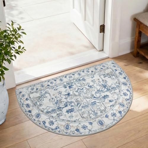 jinchan 2x3 Washable Half Circle Entryway Rug, Floral Geometric, Blue | Soft Low-Pile Non-Slip, Symmetrical Half Moon Dirt-Trapping Doormat for Kitchen Laundry Room Bathroom - color: Border Blue, size: 1'9" x 3' (Semicircular)