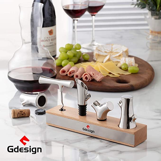 Gdesign 4-in-1 Gift Set, Stainless Steel Wine Bottle Aerator Pourer Spout, Opener, Foil Cutter, Wine Stopper, Corkscrew, Versatile Beverage Preserver for Wine Lovers
