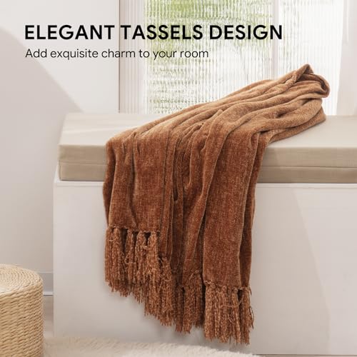 RECYCO Throw Blanket Soft Cozy Chenille Throw Blanket with Fringe Tassel for Couch Sofa Chair Bed Living Room Gift (Rust, 50" x 60") | Super Soft Knit Throw Blanket with Fringe Tassels, Lightweight Knitted Throw, Cozy, Ideal for Sofa Chair Bed Living Room