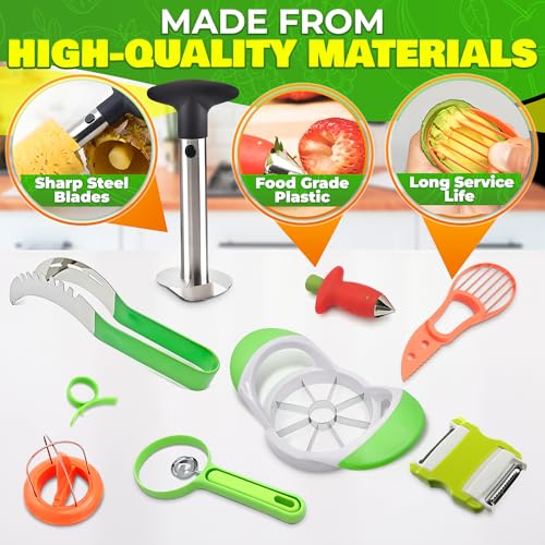 9 Pcs Fruit Slicer Set – Pineapple Corer and Slicer, Watermelon Cutter, Strawberry Huller, Apple Cutter, Avocado, Kiwi Tool and More – Stainless Steel Fruit Cutting Tools for Summer Parties and BBQs