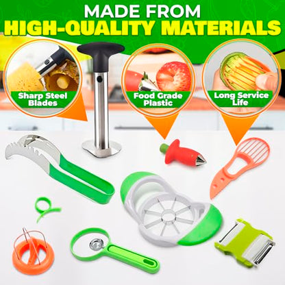 9 Pcs Fruit Slicer Set – Pineapple Corer and Slicer, Watermelon Cutter, Strawberry Huller, Apple Cutter, Avocado, Kiwi Tool and More – Stainless Steel Fruit Cutting Tools for Summer Parties and BBQs