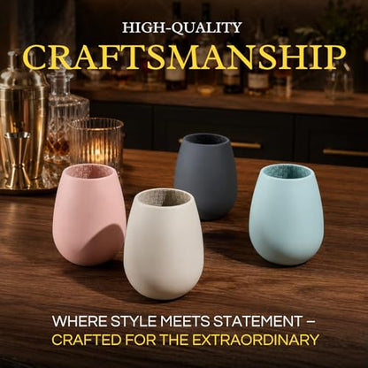 Unbreakable Silicone Stemless Wine Glassware | Set of 4 | Reusable & Shatterproof Tumbler Drinkware for Wine, Water, Cocktails, Champagne Glass for Parties, Beaches, Boats (Pink, Black, Blue, Tan) - color: Multicolor