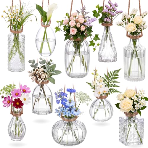 10 Pcs Stained Glass Hanging Propagation Vases with Rope Hanging Glass Planer Small Terrarium Pot Containers for Air Plants Flower Hydroponic Plants Garden Home Wedding Wall Decor (Tall,Clear) - color: Clear, size: Tall