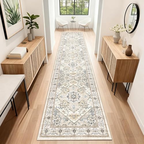 AooHHooA Boho Washable 2x10 Runner Rugs Beige Non Slip Low Pile Long Runner Rug, Stain Resistant Soft Faux Wool Runners for Hallway Laundry Entryway Bedroom - color: Beige, size: 2' x 10' (Runner)
