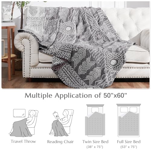 jinchan 100% Cotton Muslin Blanket Twin Boho Throw Blanket 50x60 Gray | 3-Layer, Tribal Geometric Quilt, Cooling Breathable Lightweight, for Adult, Soft, Reversible, Summer, Couch, Sofa, Bedroom - color: A. Boho Grey, size: 50"x60"