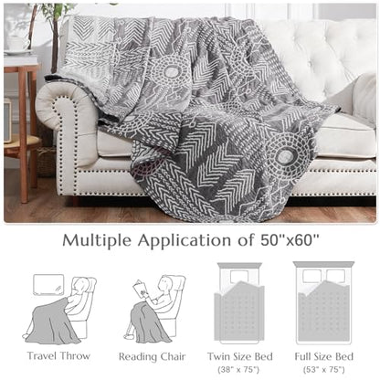 jinchan 100% Cotton Muslin Blanket Twin Boho Throw Blanket 50x60 Gray | 3-Layer, Tribal Geometric Quilt, Cooling Breathable Lightweight, for Adult, Soft, Reversible, Summer, Couch, Sofa, Bedroom - color: A. Boho Grey, size: 50"x60"
