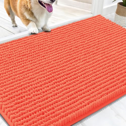 OLANLY Dog Door Mat for Muddy Paws 30x20, Extra Absorbent Chenille Mud Mat | Coral, Absorbs Moisture and Dirt, Non-Slip Machine Washable Doormat, Quick-Drying Indoor Entryway Floor Mat for Dogs - color: Coral, size: 30" X 20"