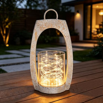 21" Twakutwaku Versatile Farmhouse Arch Metal Lantern in Shabby White with Handmade Thick Glass Candle Holder for Pillars & Plants, Hurricane Lantern, Glass Candlestick Holder, Glass Vase, Garden - color: Shabby White, size: 11"x21"