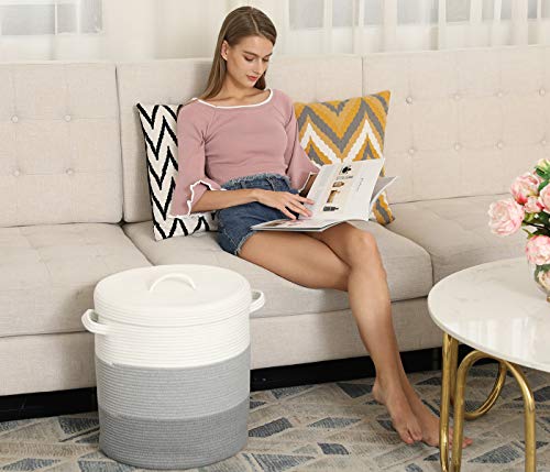 16x18 Inch Extra Large Round Cotton Rope Storage Basket with Lid, Decorative Woven Bin with Cover for Living Room Bedroom Closet, Light Grey & Grey