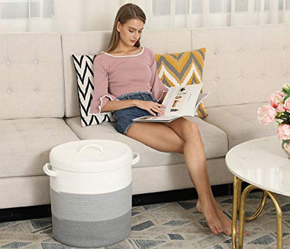 16x18 Inch Extra Large Round Cotton Rope Storage Basket with Lid, Decorative Woven Bin with Cover for Living Room Bedroom Closet, Light Grey & Grey