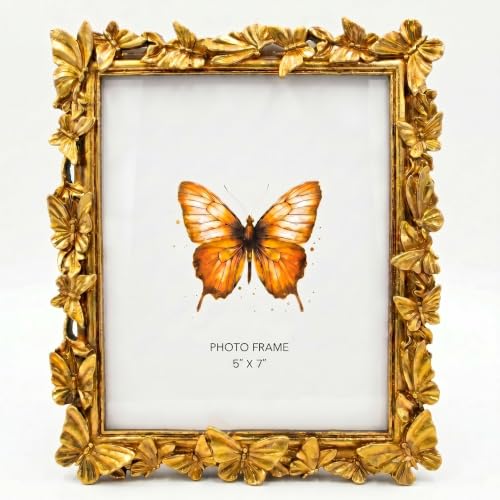 Gold 5X7 Vintage Picture Frames Golden Palm Butterfly Elegant Retro European Design,Antique Picture Frame for Tabletop Stand or Wall Hanging - color: Gold, size: 5X7