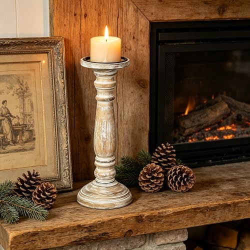 Hosley Farmhouse Wood Pillar Candle Holders Set of 2 – 12” Distressed Finish Tall Candlesticks for Table Centerpieces, Living Room, Wedding & Rustic Home Décor - size: 12 inch high x 2 Count