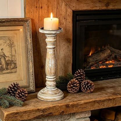 Hosley Farmhouse Wood Pillar Candle Holders Set of 2 – 12” Distressed Finish Tall Candlesticks for Table Centerpieces, Living Room, Wedding & Rustic Home Décor - size: 12 inch high x 2 Count