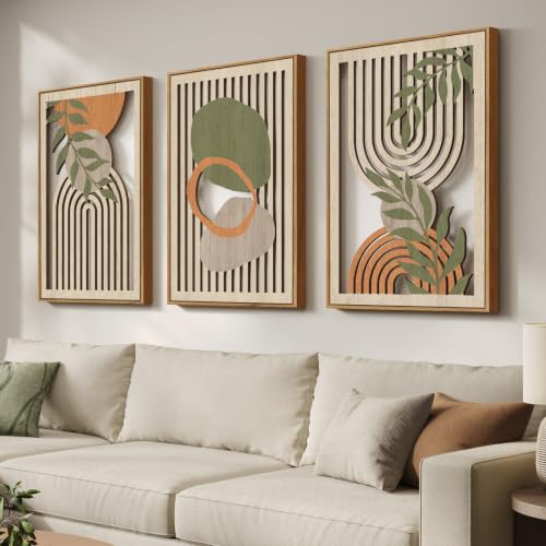 Framed Boho Cutout Carved Wood Wall Decor for Living Room, 3 Piece Mid-Century Modern Green Wooden Artwork for Walls, Large Abstract Geometric Botanical for Dining Room Bedroom Wall Art, 24x36 In - color: Green Beige