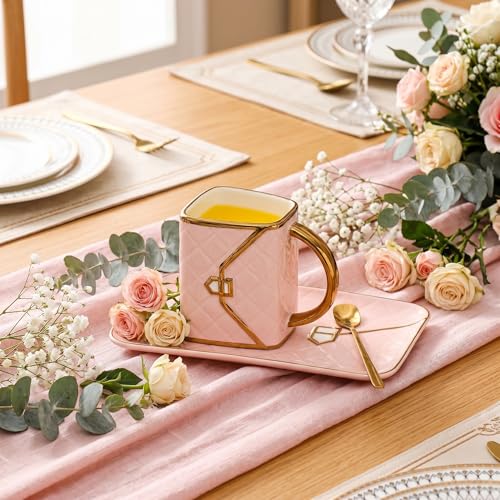 Zubebe 1 Set Coffee Mug Elegant Handbag Shaped Cup Modern Ceramic Purse Mug with Spoon and Saucer, 10oz Cute Creative Tea Cup for Woman Girls Gift (Pink) - color: Pink