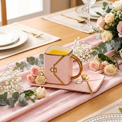 Zubebe 1 Set Coffee Mug Elegant Handbag Shaped Cup Modern Ceramic Purse Mug with Spoon and Saucer, 10oz Cute Creative Tea Cup for Woman Girls Gift (Pink) - color: Pink