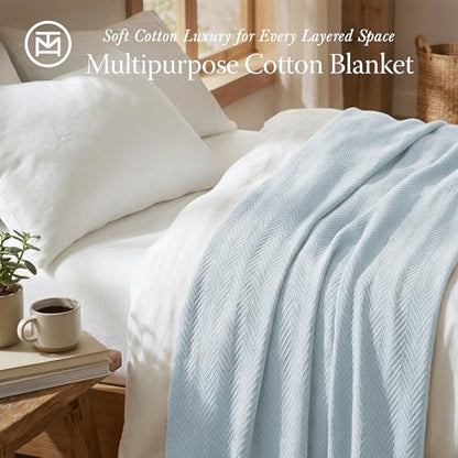 Threadmill Luxury Cotton Blankets for Queen Size Bed | All-Season 100% Cotton Queen Size Blanket | Herringbone Cozy, Soft Breathable Fall Thermal Blanket fits Full Size Bed | Light Blue | 100% Cotton, Herringbone Pattern, 90x92 in, Breathable, Moisture-Wi