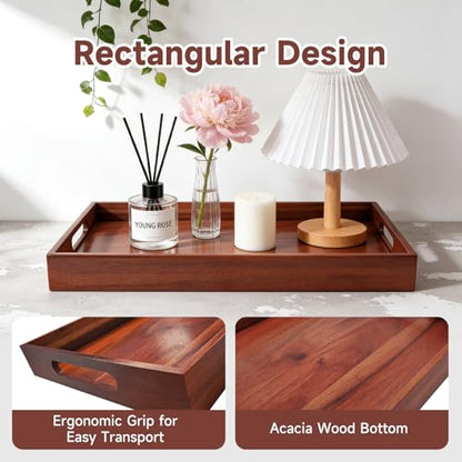 17 x 12 Inch Acacia Wood Large Serving Tray with Handles | Multi-use Tray for Coffee Table, Ottoman, Bed Breakfast, Included Free Leather Mat