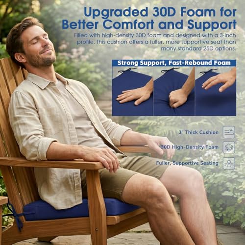 Outdoor Chair Cushions Set of 4, 19x19 Waterproof Patio Pads, Navy Blue | Fade resistant fabric with ties, handle and 3-inch foam for dining seats, decks, porches, gardens and hard seating - color: Navy Blue