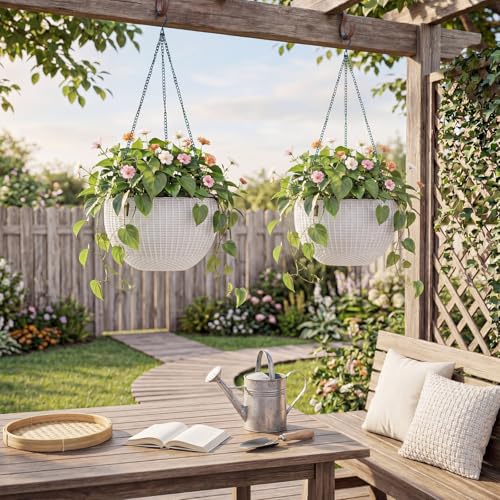 13.8 Inch Self Watering Hanging Planter, 2PCS Round Resin Hanging Basket for Indoor Outdoor Plants, Rattan Look Flower Pot with Drainage Plug, Deep Inner Pot and Sturdy Metal Triple-Chain Hanger - color: White