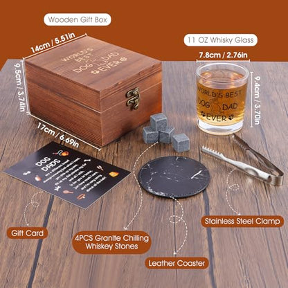 Bayelove Dog Dad Gifts, Best Gift for Dad, Gift with 12oz Whiskey Glasses, Stones, Coaster, Wooden Box for Dogfather - color: Dog Dad