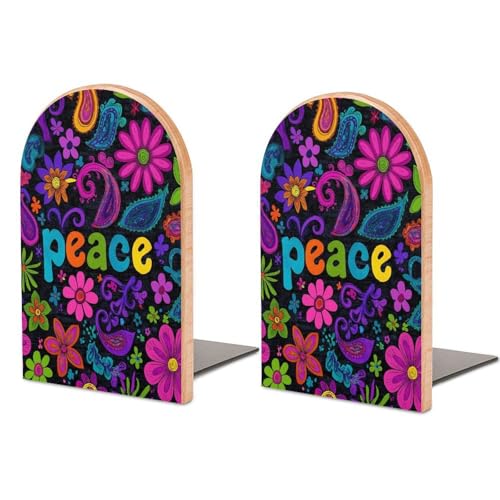 Colorful Flowers Peace Signs Abstract Wooden Bookends Shelves 2 PCS Sturdy Book Holders Desktop Organizer for Home Office Libraries