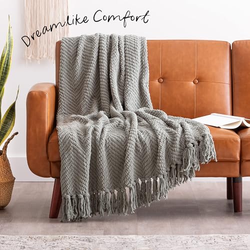 Chanasya Premium Textured Knit Throw Blanket with Tassels - Soft, Cozy Blanket for Couch, Bed, Living Room - 50" x 65” - Tan Sage - color: A(tan Sage)