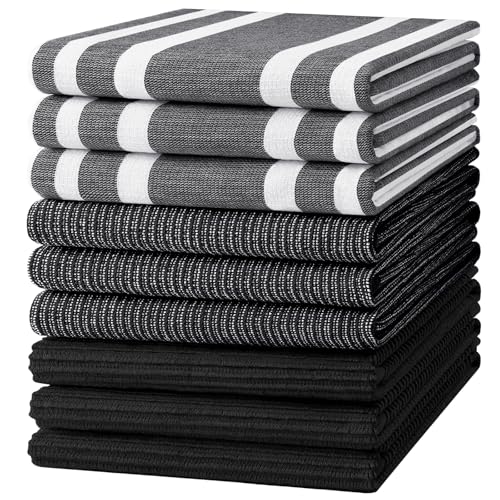 Homaxy Cotton 380 GSM Premium Kitchen Towels, 18"x 28", 9 Pack, Black | Soft and Absorbent Terry Dish Towels, Multipurpose Tea Towel Set with Hanging Loop, 3 Styles Kitchen Hand Towels - color: Black, size: 18" X 28" - 9 Pack