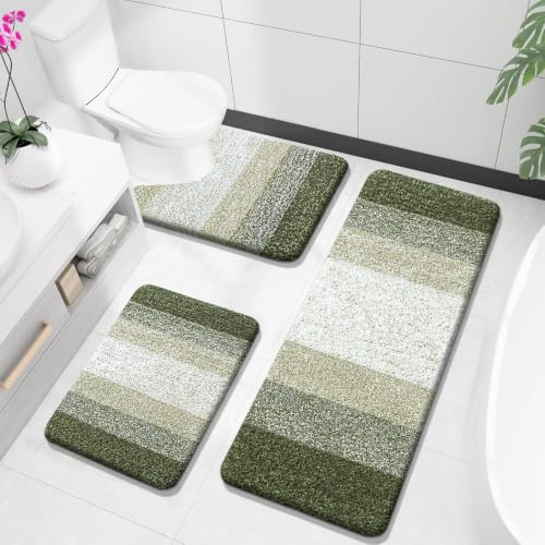OLANLY Microfiber Bathroom Rugs Sets 3 Piece, 47"x20"+24"x16"+24"x20" | Dark Green, Soft Absorbent Bath Mats and U-Shaped Contour Toilet Rug, Plush Shaggy Bath Mat Set for Bathroom - color: Dark Green, size: 47" X 20" + 24" X 16" + U24" X 20"