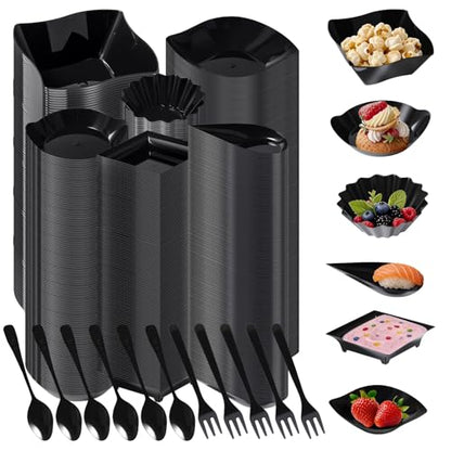 1200 Pcs Black Mini Disposable Appetizer Plates Set Include 6 Shaped Mini Dessert Plates, Fork-Spoon, Exquisite And Cute Banquet And Party Desechables Para Postres For Dessert And Appetizers - color: Black