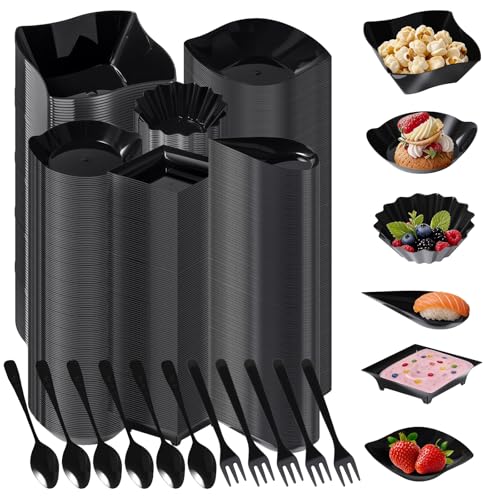 1200 Pcs Black Mini Disposable Appetizer Plates Set Include 6 Shaped Mini Dessert Plates, Fork-Spoon, Exquisite And Cute Banquet And Party Desechables Para Postres For Dessert And Appetizers - color: Black