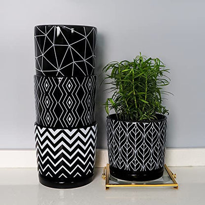 Flower Pots,5.5 Inch Black Ceramic Planters with Drainage Hole Set of 4 | Geometry Pots for Plants | Indoor Cylinder Plant Pots with Saucer | Cactus Succulent Pots | Outdoor Garden Pots | Garden Pots - color: Black