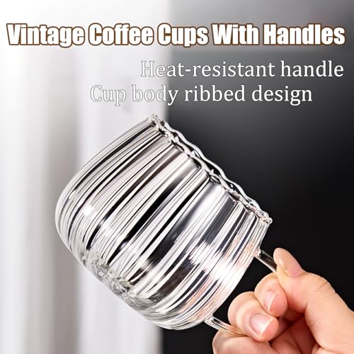 Viovian 12oz Clear Glass Coffee Mugs Set of 6 Ribbed Coffee Cups With Handles Modern Cute Glass Tea Mug Cup for Hot Beverage/Cappuccino/Latte/Cereal/Yogurt/Mocha/Milk - color: ribbed glass mug set of 6