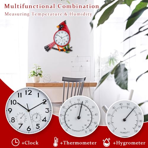 Large Outdoor Clock with Thermometer & Humidity | Silent Non-Ticking, Cardinal Outdoor Wall Clock for Patio, Garden, Kitchen, Living Room, Red - style: Cardinal-Red