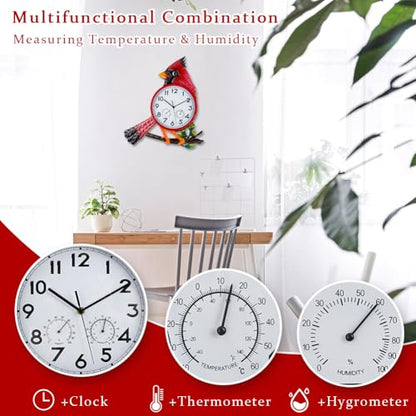 Large Outdoor Clock with Thermometer & Humidity | Silent Non-Ticking, Cardinal Outdoor Wall Clock for Patio, Garden, Kitchen, Living Room, Red - style: Cardinal-Red