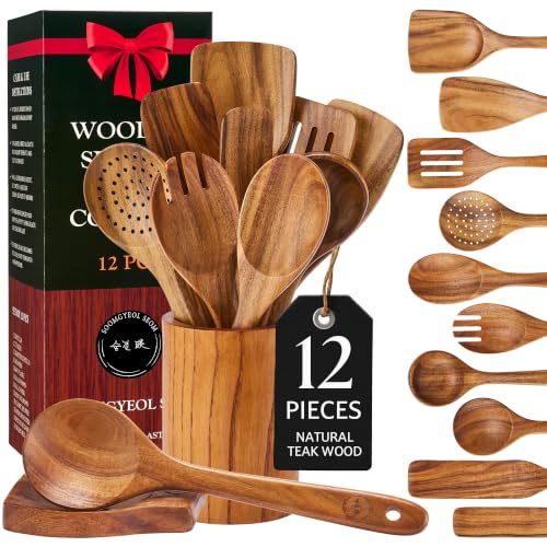 SOOMGYEOL SEOM 12-Piece Teak Wood Cooking Utensil Set With Holder | Natural Teak Wood, Uncoated, 8 Cooking Utensils, 2 Spurtles, Holder & Spoon Rest, Nonstick Safe - size: 12 PCS Set