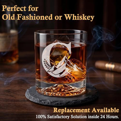 Personalized Whiskey Glass Gift Set for Men – Monogrammed Initial Rocks Glass with Slate Coaster, Wooden Box & Whiskey Stones, Birthday Father's Day for Him Dad Husband (C) - style: C