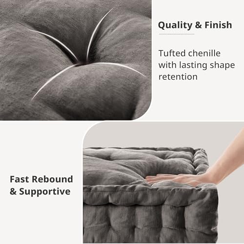 Intelligent Design Floor Pillow Meditation Cushion, 20x20 Charcoal | Sitting for Adults Yoga, Shredded Foam Filled, Chenille Tufted Cover, Handsewn Scalloped Edge, OEKO-TEX Certified - color: Charcoal