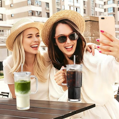Iced Coffee Cups with Lids 2Pcs: Ribbed Glass Tumbler with Straw and Lid 24oz - Coffee Bar Accessories - Glass Cups and Tumblers with Lids and Straws - Tumbler Leak Proof - Coffee Tumbler with Handle - color: Handled