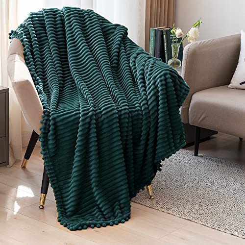 DISSA Fleece Blanket Throw Size – 51x63, Green – Soft, Plush, Fluffy, Fuzzy, Warm, Cozy – Perfect Throw for Couch, Bed, Sofa - with Pompom Fringe - Flannel Blanket Throw Blanket - color: Green, size: 51x63"