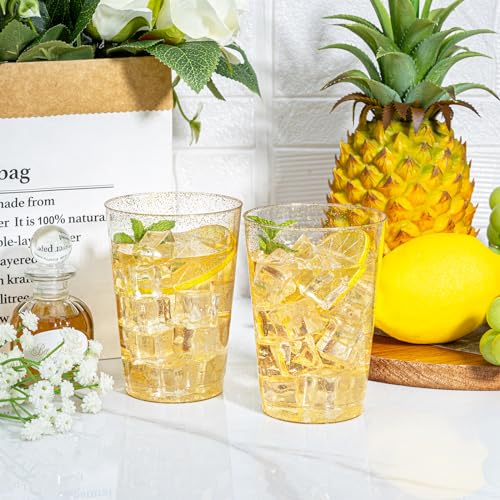 I00000 50 Pack 12 oz Gold Glitter Cups, Premium Clear Disposable Gold Cups | Gold Plastic Wine Glasses, Cocktail Glasses, Heavy Duty, Elegant Glitter Plastic Tumblers for Birthday, Wedding & Party - color: Glitter-12oz-50