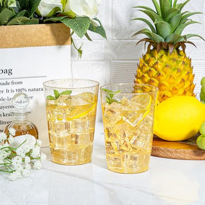 I00000 50 Pack 12 oz Gold Glitter Cups, Premium Clear Disposable Gold Cups | Gold Plastic Wine Glasses, Cocktail Glasses, Heavy Duty, Elegant Glitter Plastic Tumblers for Birthday, Wedding & Party - color: Glitter-12oz-50